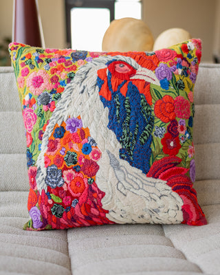 Rebel Organic Cotton Rooster Embroidered Throw Pillow