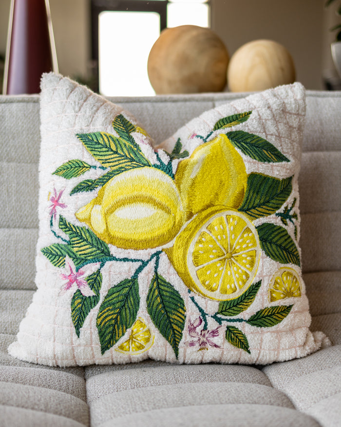 Martha Organic Cotton Lemon Embroidered Throw Pillow