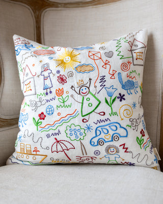 Pippi Colorful Kids Drawing Organic Linen Throw Pillow