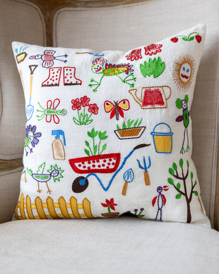 Dottie Colorful Kids Drawing Organic Linen Throw Pillow $140 Today Only