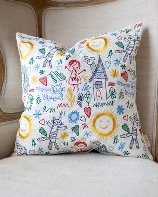 Felix Colorful Kids Drawing Organic Linen Throw Pillow