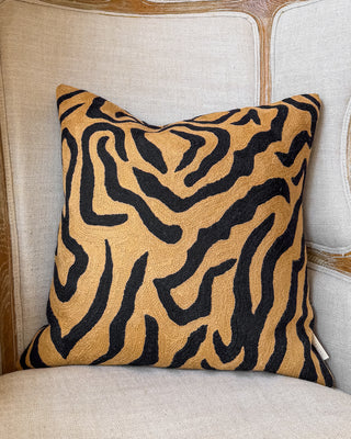 Rachel Embroidered Organic Cotton Tiger Stripe Throw Pillow
