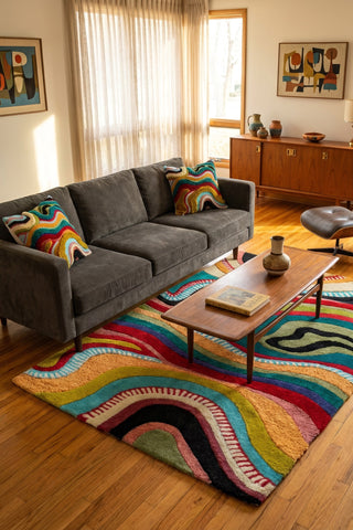 Living room with a colorful rug, gray sofa, and wooden coffee table.