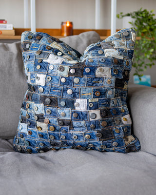 Indigo Recycled Denim Button Throw Pillow Coming Soon! - YaYa & Co.