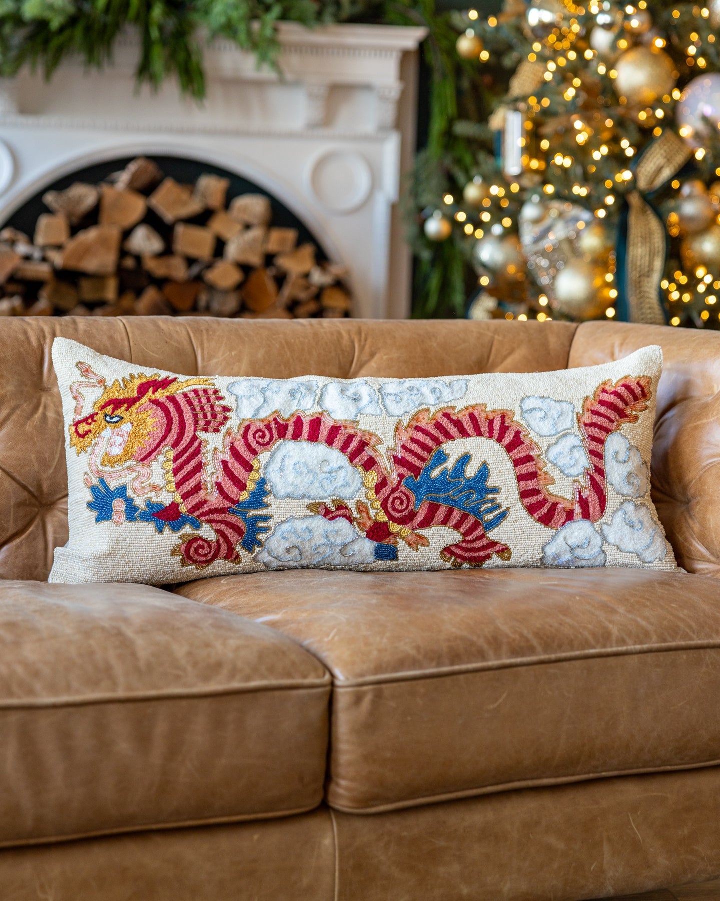 Kai Handmade Organic Cotton Beaded Dragon Lumbar Pillow – YaYa & Co.