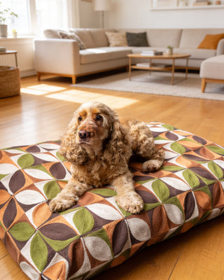 Dog lying on a patterned dog bed in a living room