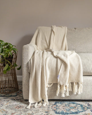 Hallen Ecru Organic Cotton Knit Throw Blanket Corporate Gift - YaYa & Co.