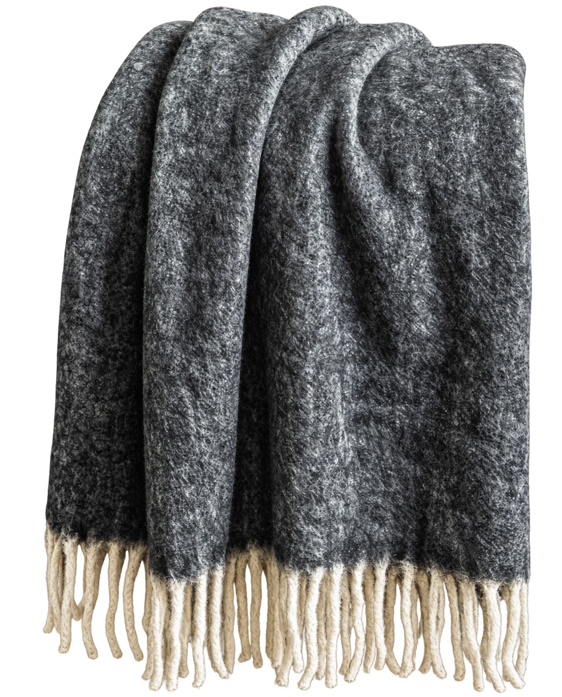 Gal charcoal brushed wool throw with ivory tassels